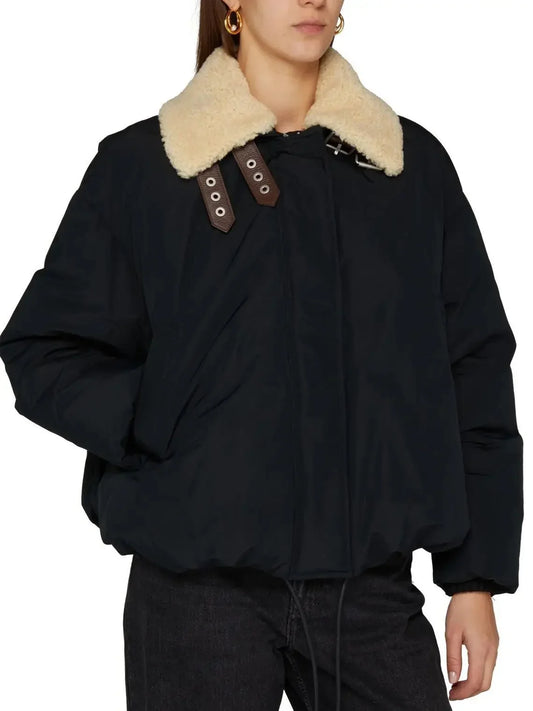 Double Leather-Buckled Shearling-Trim Cotton Padded Black Jacket - Jackets
