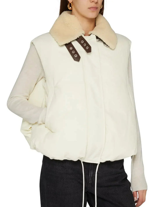 Double Leather-Buckled Shearling-Trim Cotton Padded Cream Vest - Jackets