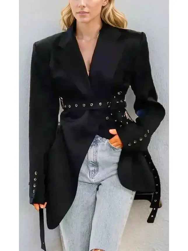 Double Side Belted Blazer in Black - Jackets