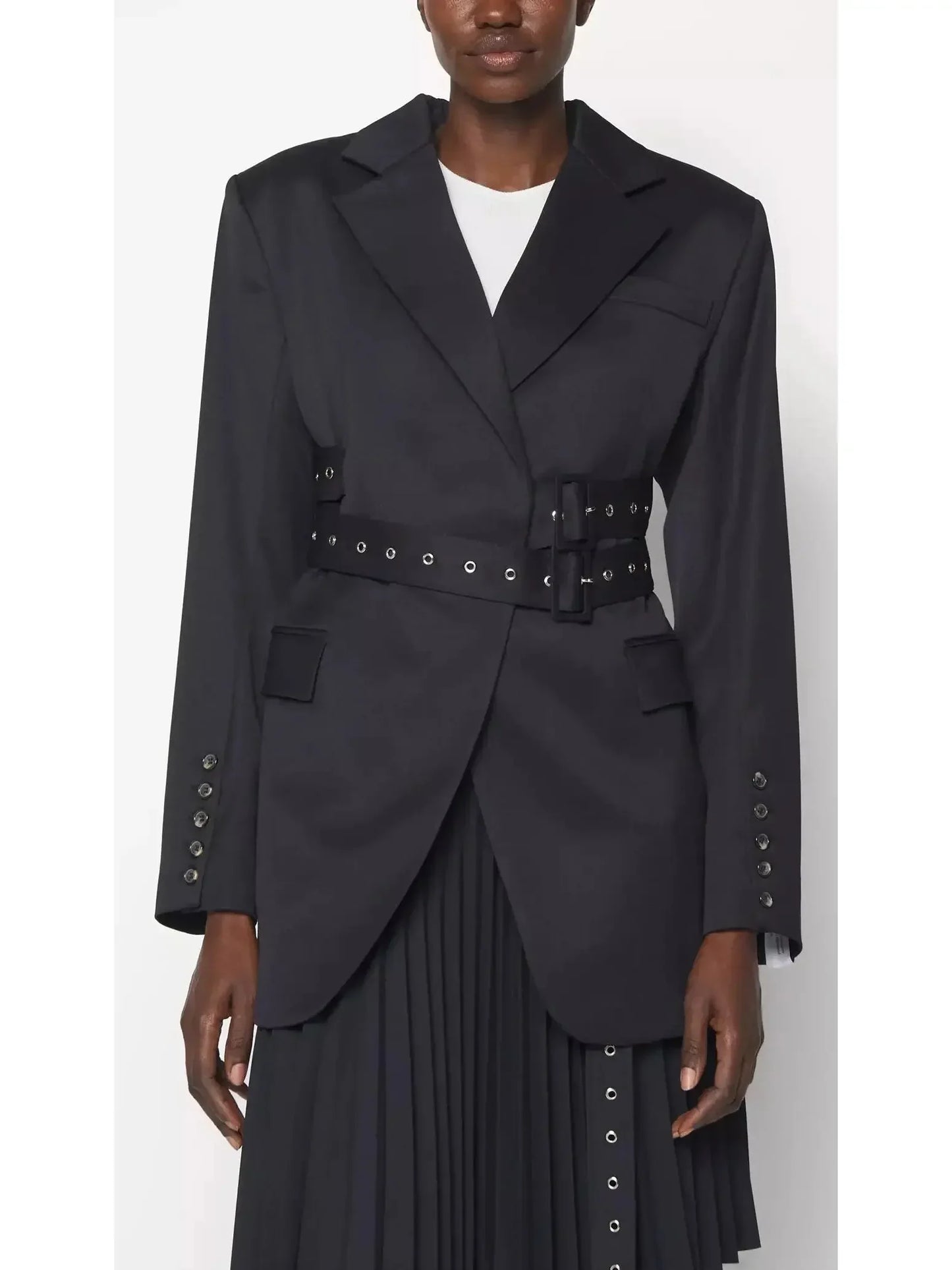 Double Side Belted Blazer in Black - Jackets