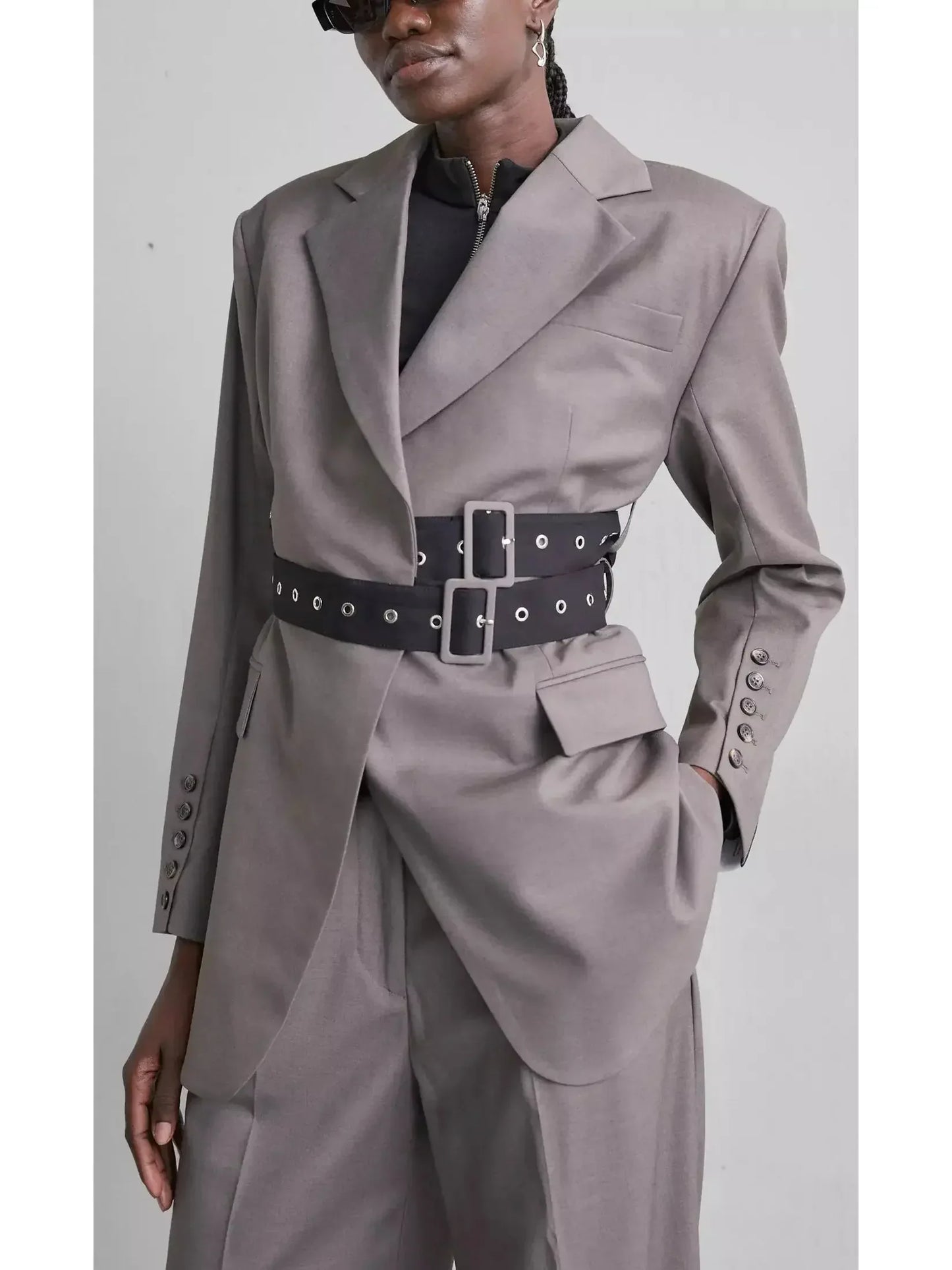 Double Side Belted Blazer in Black - Jackets