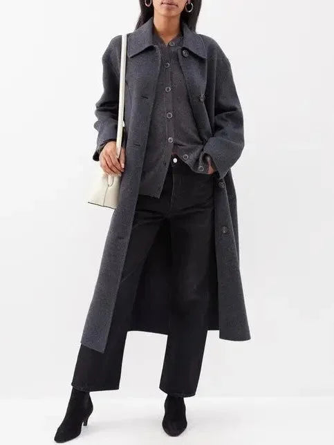 Double-Sided Single Breasted Wool Cashmere Car Coat in Dark Grey - Coats