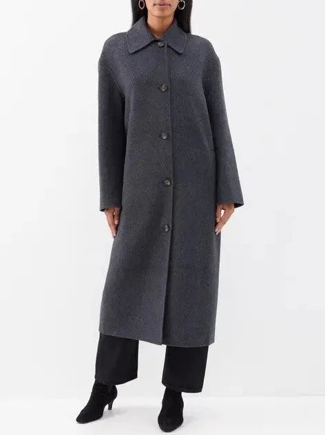 Double-Sided Single Breasted Wool Cashmere Car Coat in Dark Grey - Coats