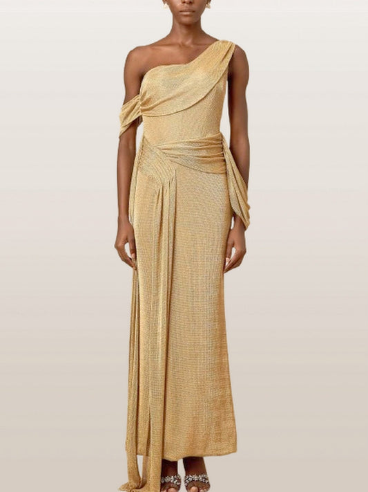 Draped and Gathered One-Shoulder Gold Lamé Gown - Dresses