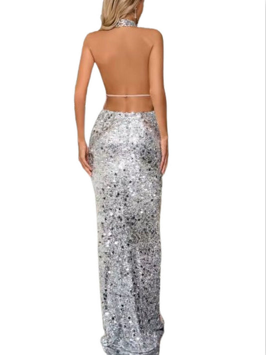 Draped Chain Embellished Halter-Neck Gown - Dresses