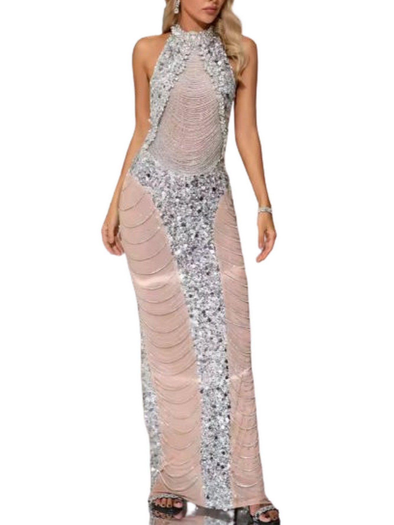 Draped Chain Embellished Halter-Neck Gown - Dresses