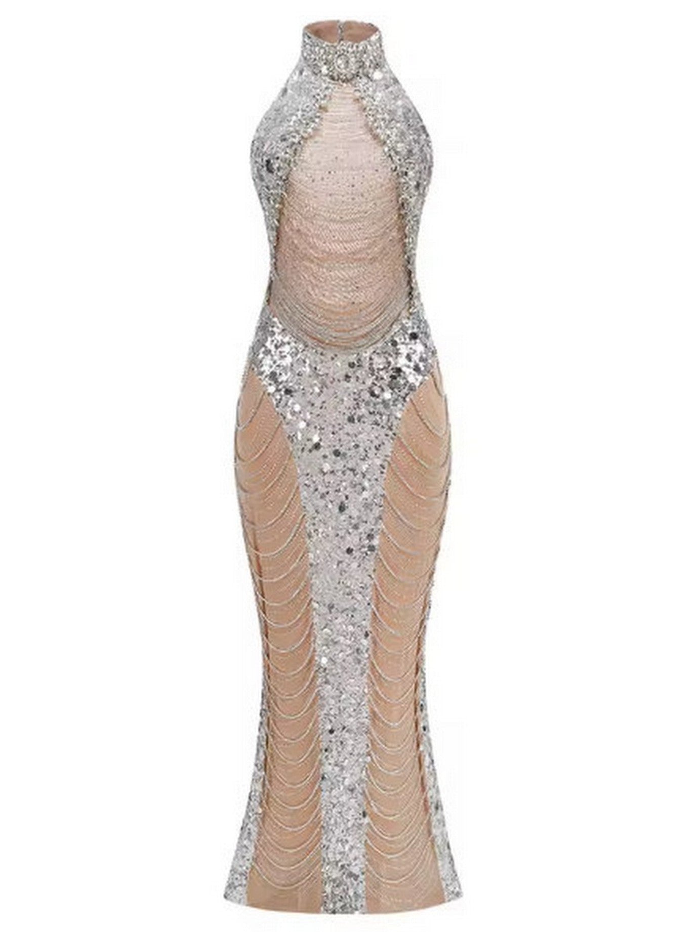 Draped Chain Embellished Halter-Neck Gown - Dresses