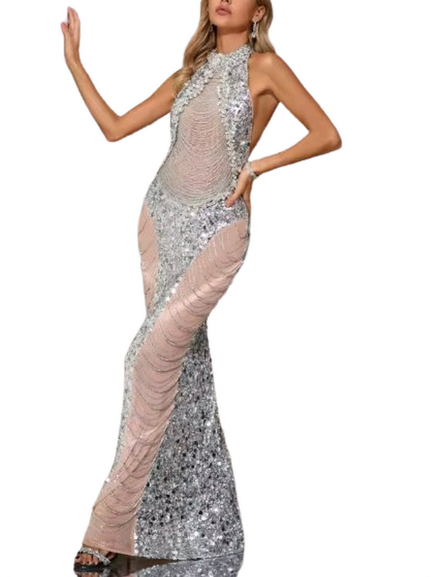 Draped Chain Embellished Halter-Neck Gown - Dresses