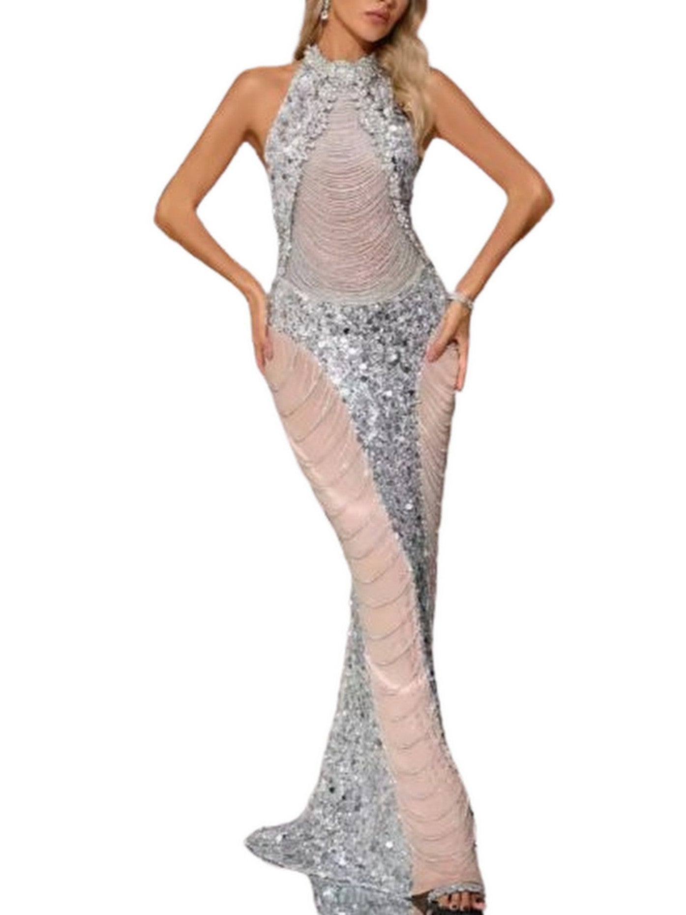 Draped Chain Embellished Halter-Neck Gown - Dresses