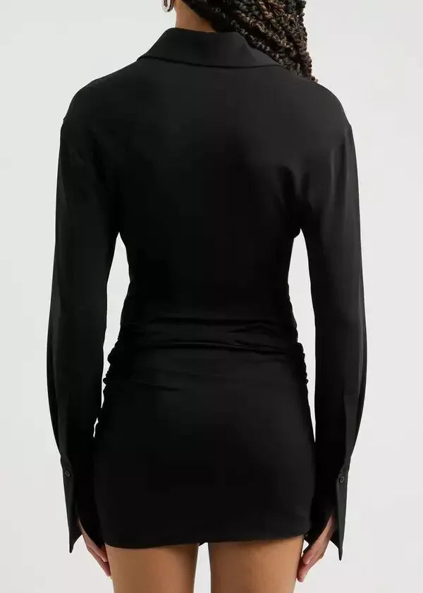 Draped Cut-Out Black Mini Shirt Dress - Dresses