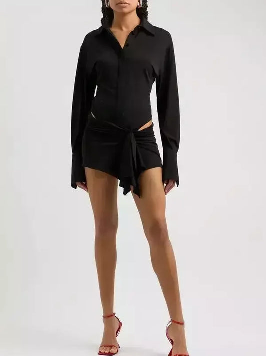 Draped Cut-Out Black Mini Shirt Dress - Dresses