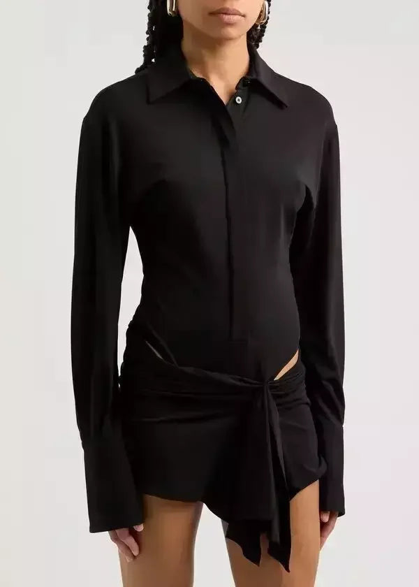 Draped Cut-Out Black Mini Shirt Dress - Dresses