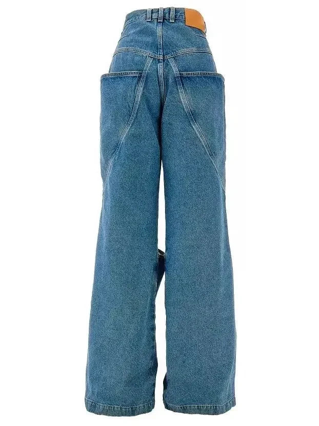 Draped Knee Washed Denim Wide-Leg Jeans - Jeans & Pants
