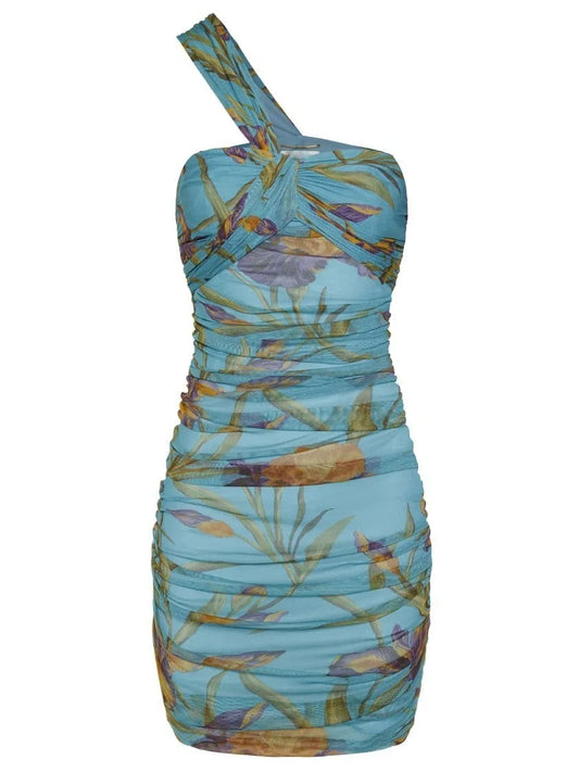 Draped Printed One-Shoulder Mesh Mini Dress - Dresses