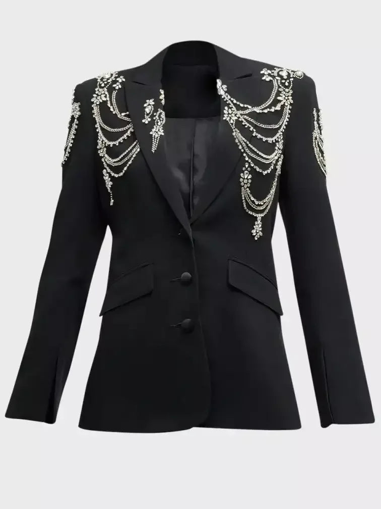 Draped Rhinestone-Chain Single-Breasted Black Blazer - Jackets