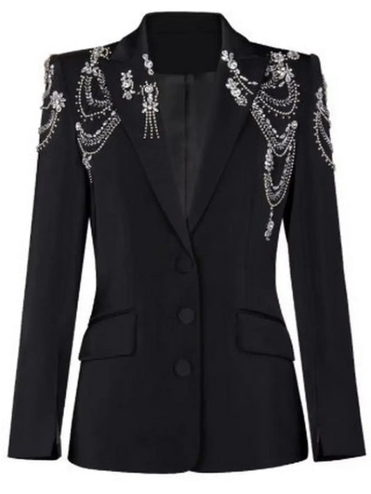 Draped Rhinestone-Chain Single-Breasted Black Blazer - Jackets