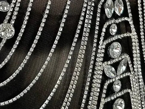 Draped Rhinestone Mesh Black Sleeveless V-Neck Maxi Dress - Dresses