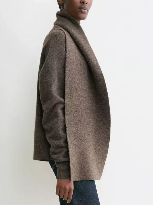 Draped Scarf Neck Wool Sweater in Brown - Sweaters & Knitwear