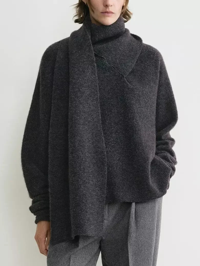 Draped Scarf Neck Wool Sweater in Grey - Sweaters & Knitwear