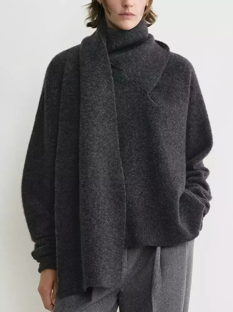 Draped Scarf Neck Wool Sweater in Grey - Sweaters & Knitwear
