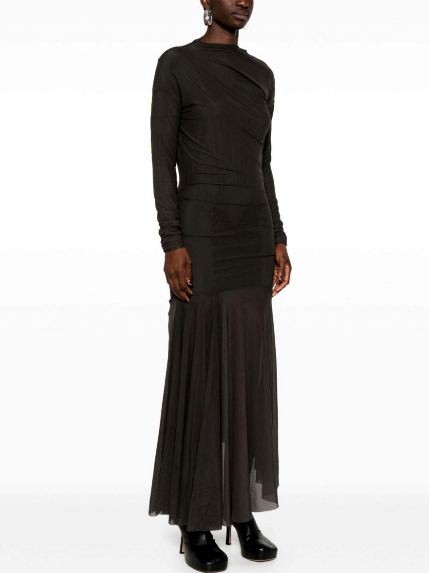 Black long-sleeved Draped Semi-Sheer Jersey Mesh Dress with pleated skirt detail