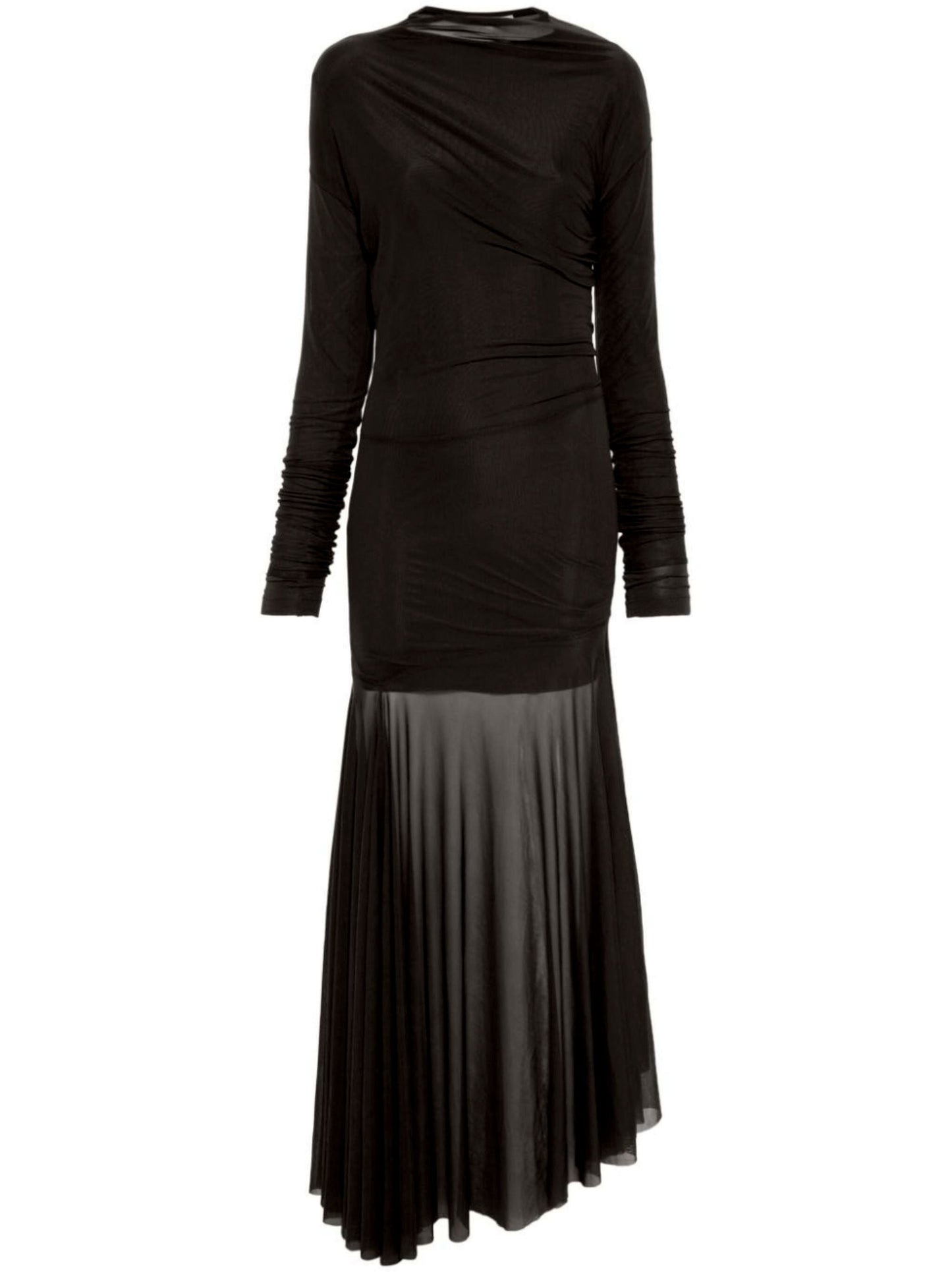 Black long-sleeved draped semi-sheer jersey mesh dress with pleated skirt
