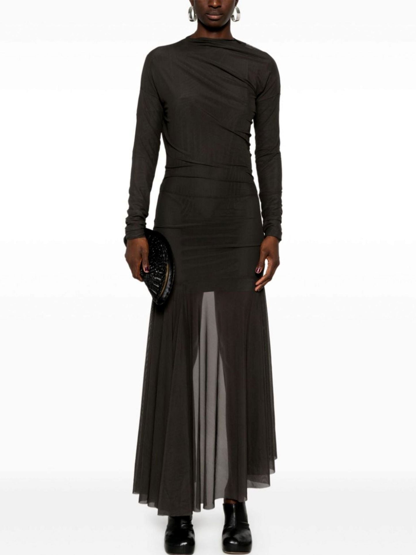 Black Draped Semi-Sheer Jersey Mesh Dress with Long Sleeves and Pleated Skirt