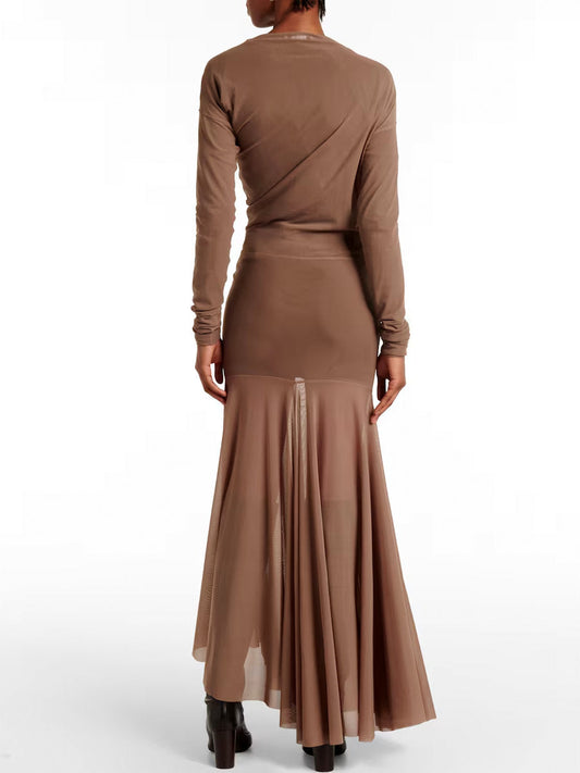Taupe long-sleeved asymmetrical hem Jersey Mesh Dress in Khaki for stylish elegance