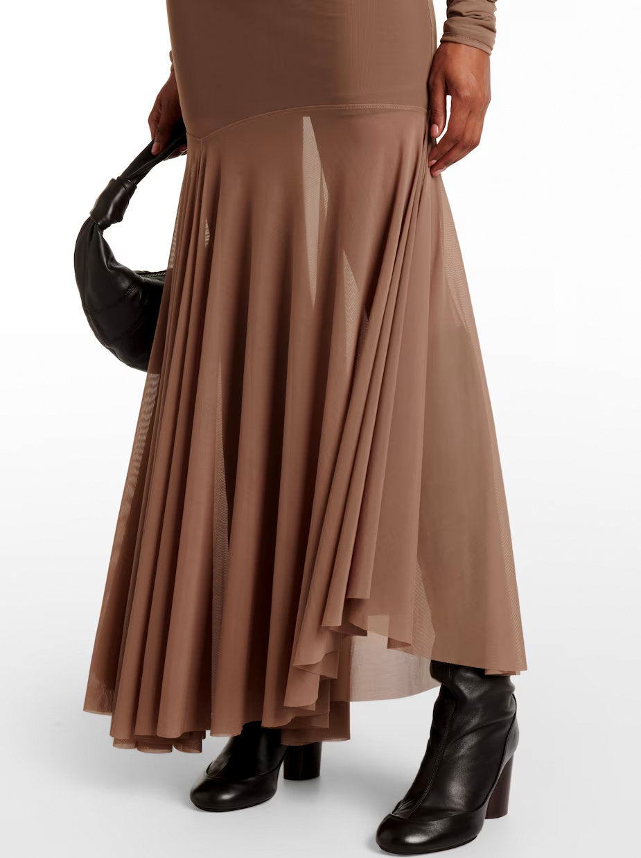 Taupe draped long-sleeve jersey mesh dress in Khaki showcasing elegant style