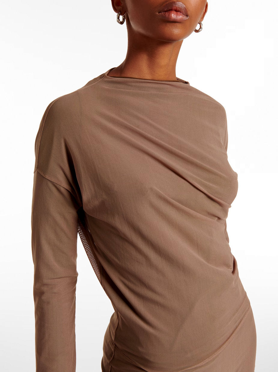 Taupe draped long-sleeve jersey mesh dress from the Draped Semi-Sheer collection