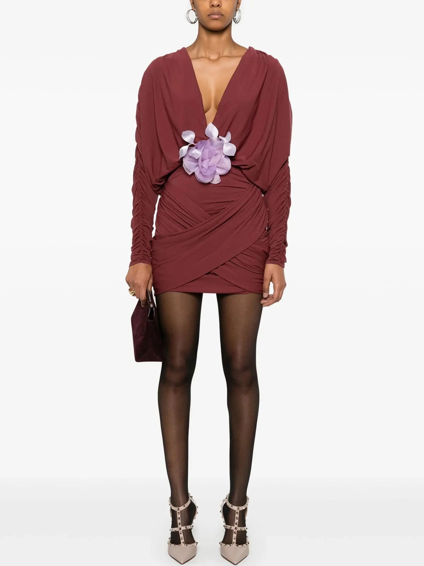 Draped V-Neck Mini Dress with Floral-Applique - Dresses
