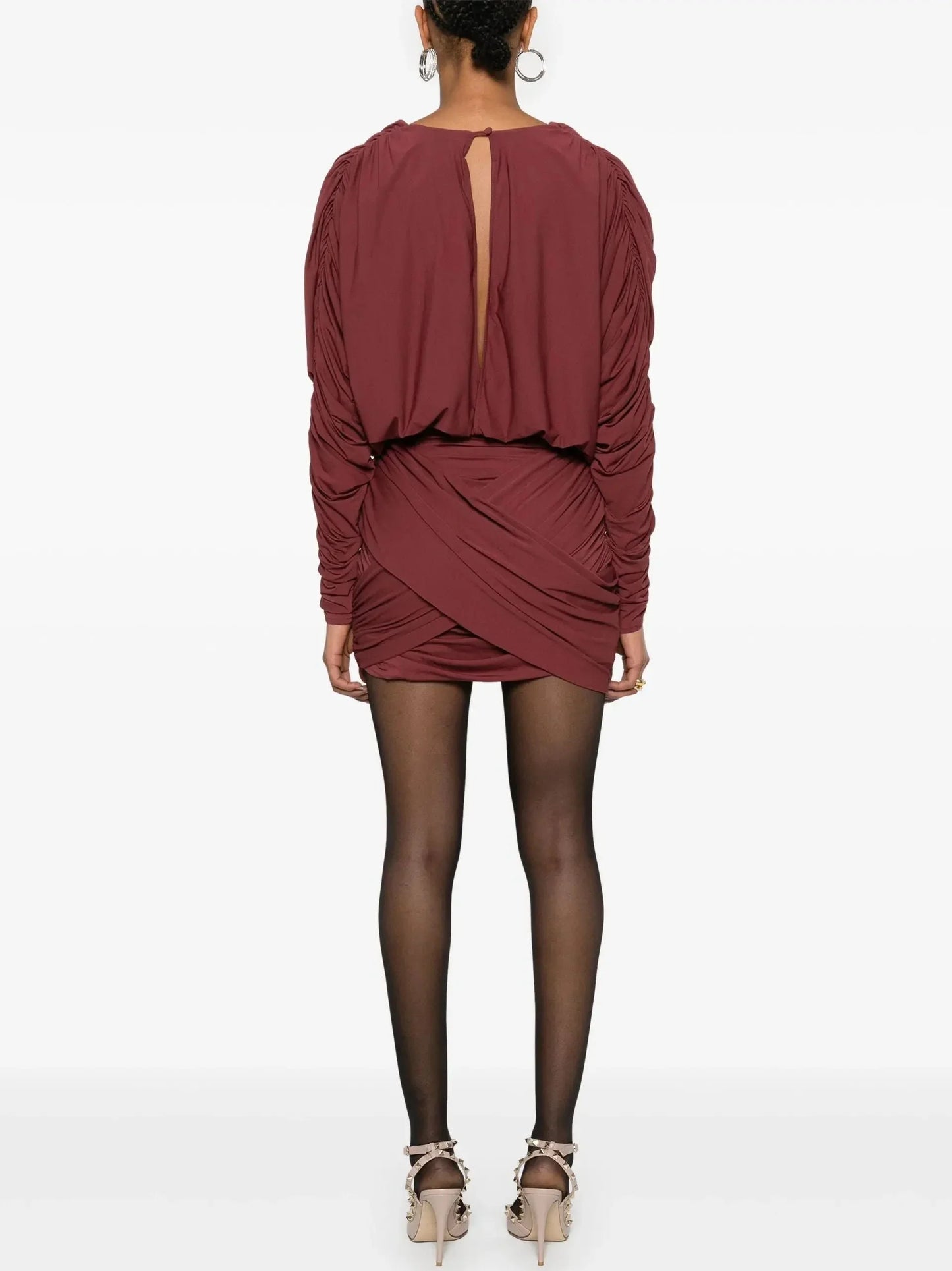 Draped V-Neck Mini Dress with Floral-Applique - Dresses