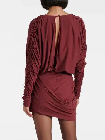 Draped V-Neck Mini Dress with Floral-Applique - Dresses