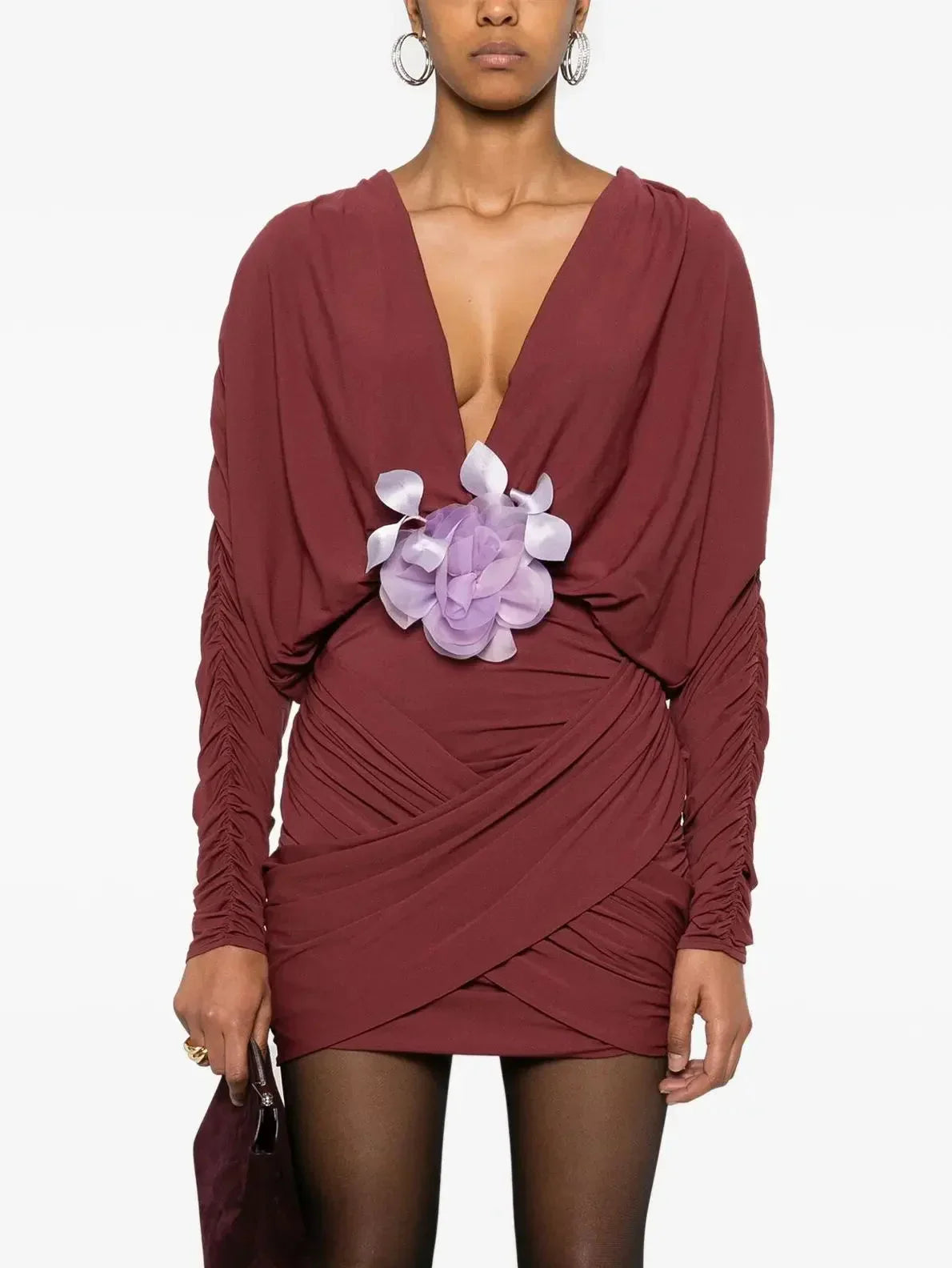 Draped V-Neck Mini Dress with Floral-Applique - Dresses