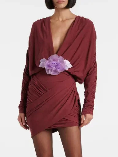 Draped V-Neck Mini Dress with Floral-Applique - Dresses