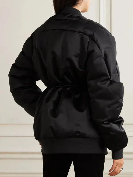 Drawstring Black Padded Bomber Jacket - Jackets