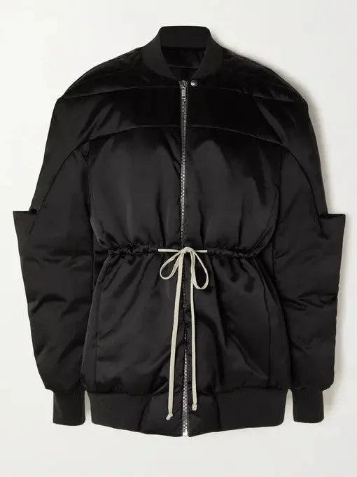 Drawstring Black Padded Bomber Jacket - Jackets