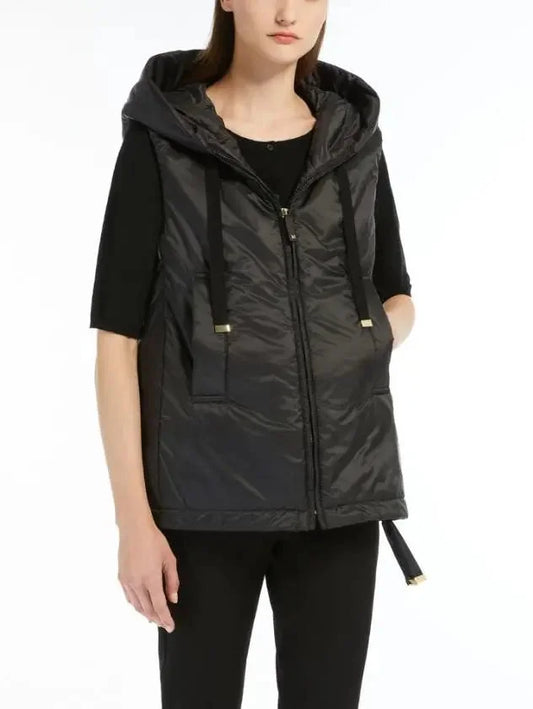 Drawstring Hooded Padded Vest in Black - Jackets