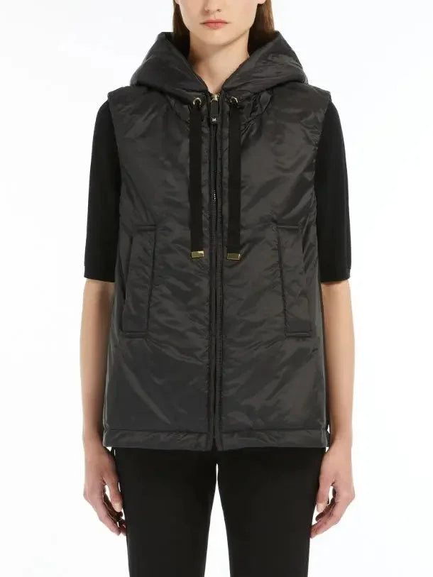 Drawstring Hooded Padded Vest in Black - Jackets