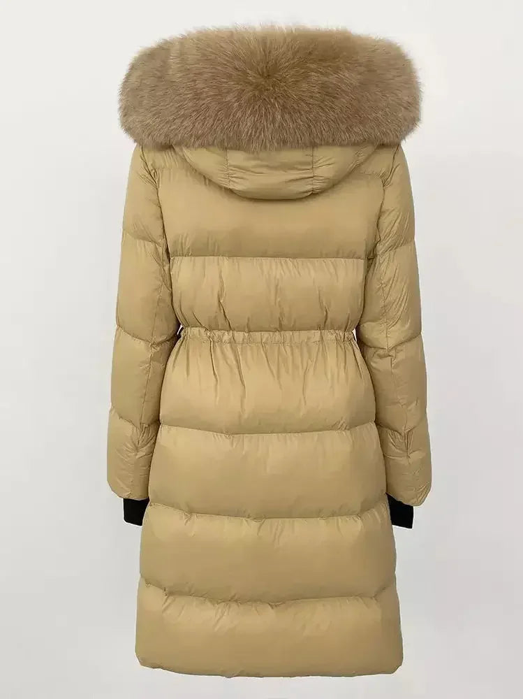 Drawstring Waist Long Down Coat in Beige with Beige Fur Hood - Coats