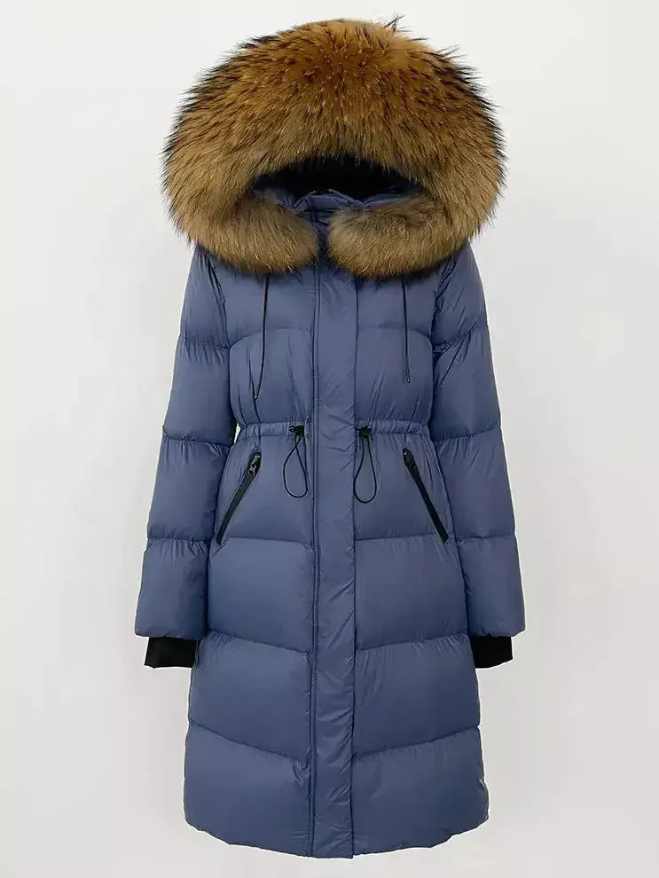Drawstring Waist Long Down Coat in Blue with Natural Fur Hood - Coats