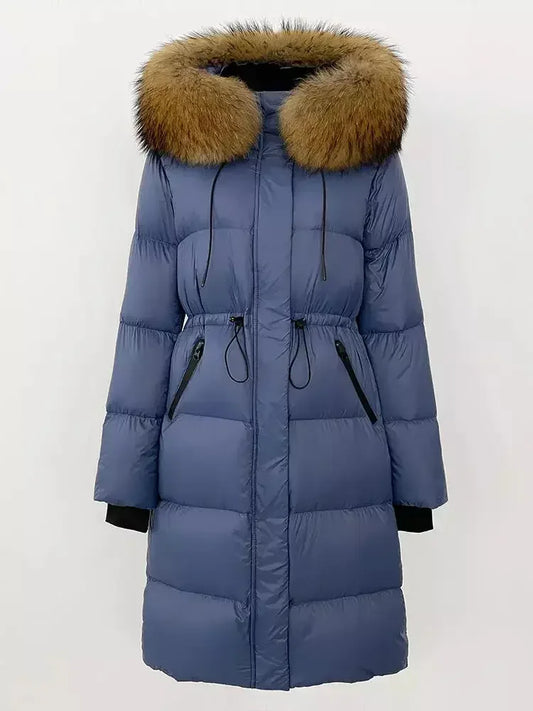 Drawstring Waist Long Down Coat in Blue with Natural Fur Hood - Coats