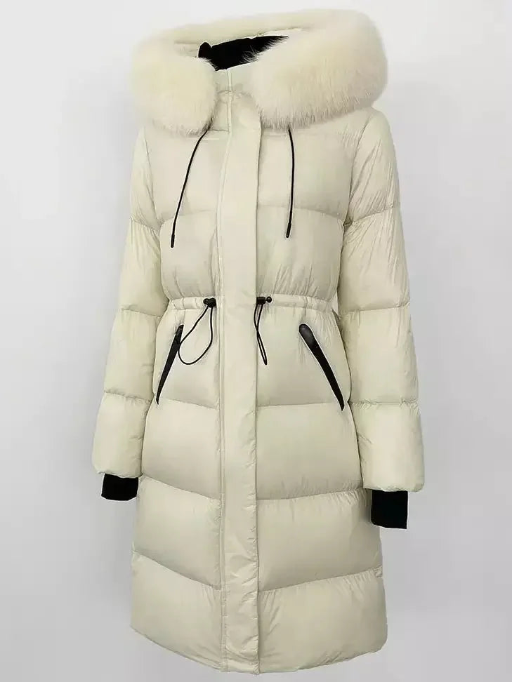 Drawstring Waist Long Down Coat in White with Natural Fur Hood - Coats