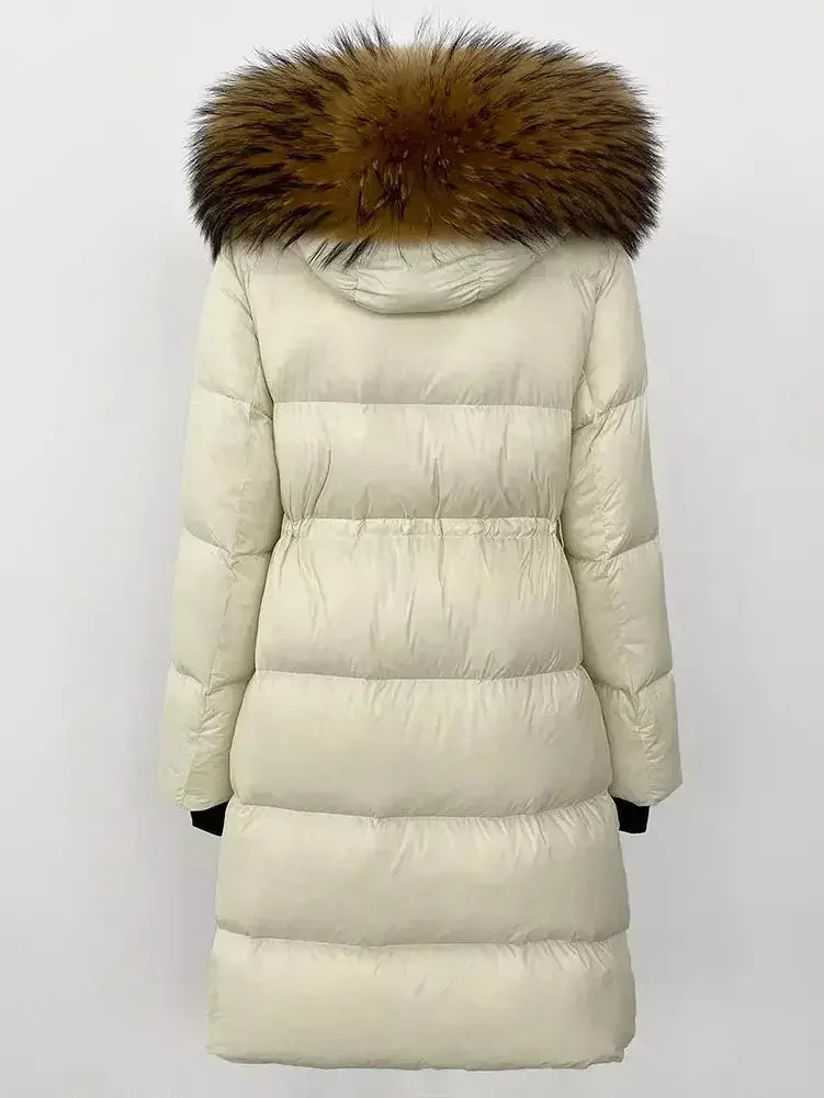 Drawstring Waist Long Down Coat in White with Natural Fur Hood - Coats