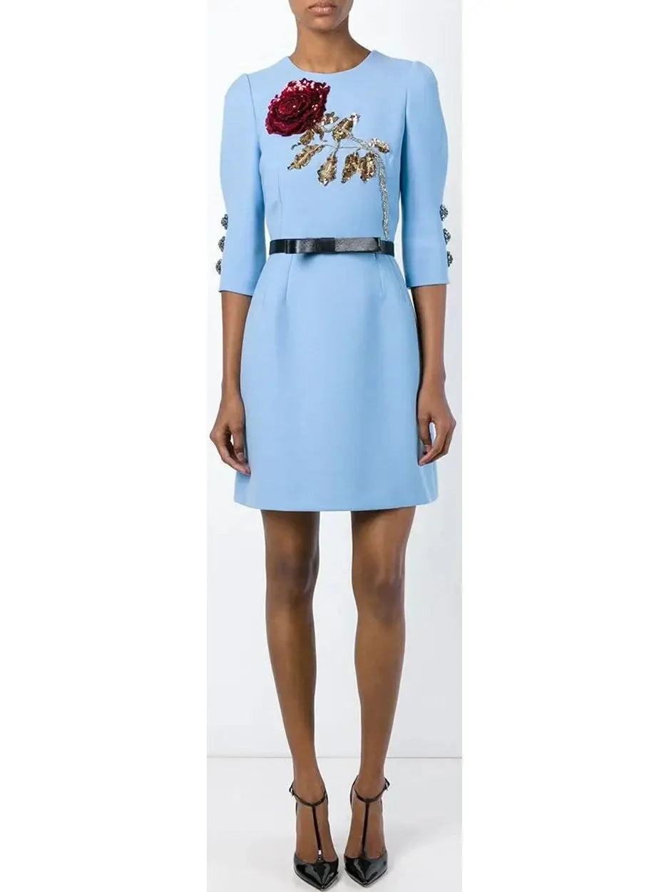 Dress with Embroidered Paillettes Rose Blue - Dresses