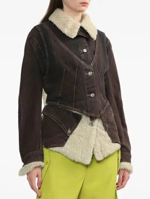 Dyed Denim and Fleece Paneled Jacket - Jackets