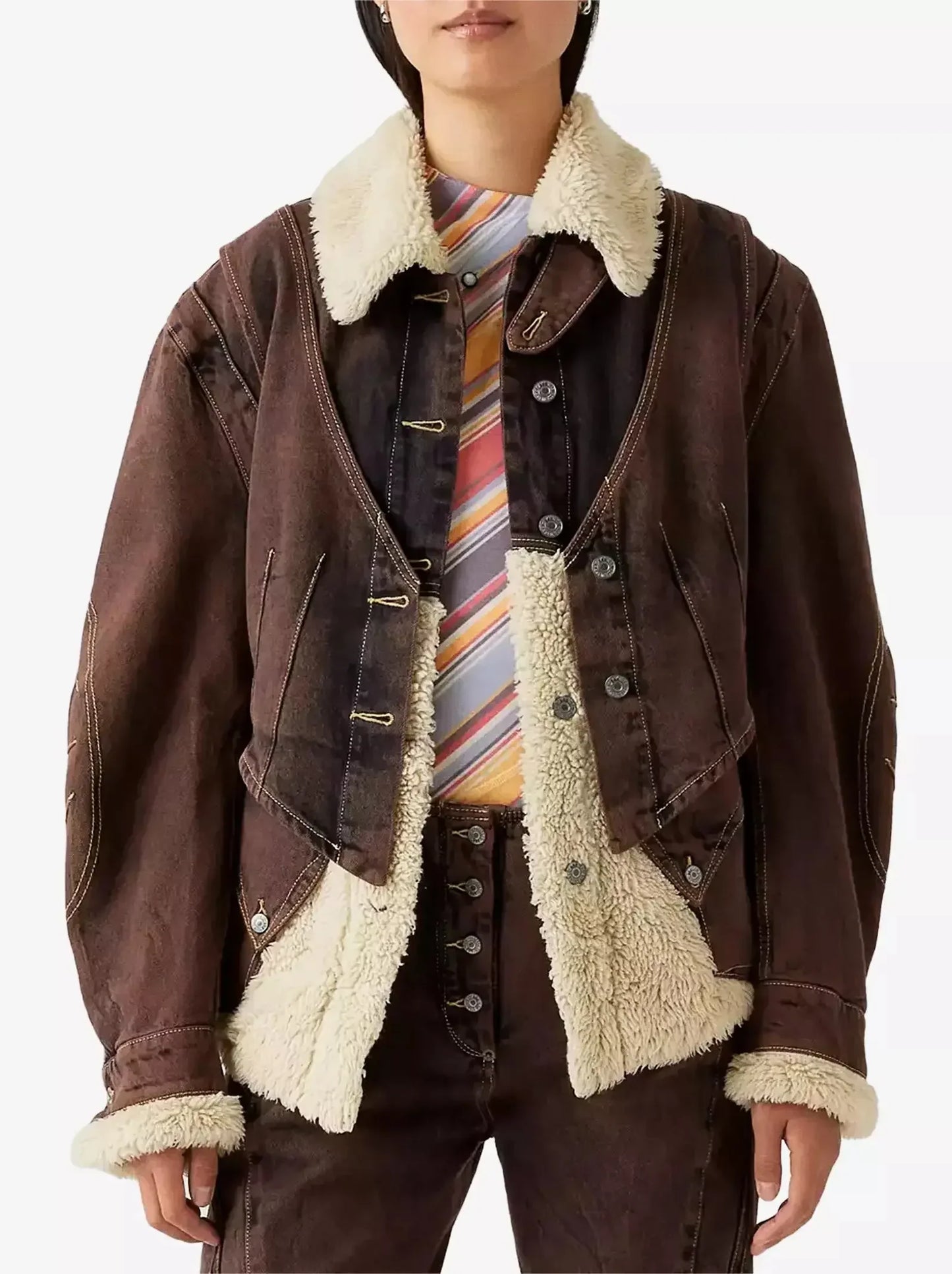 Dyed Denim and Fleece Paneled Jacket - Jackets