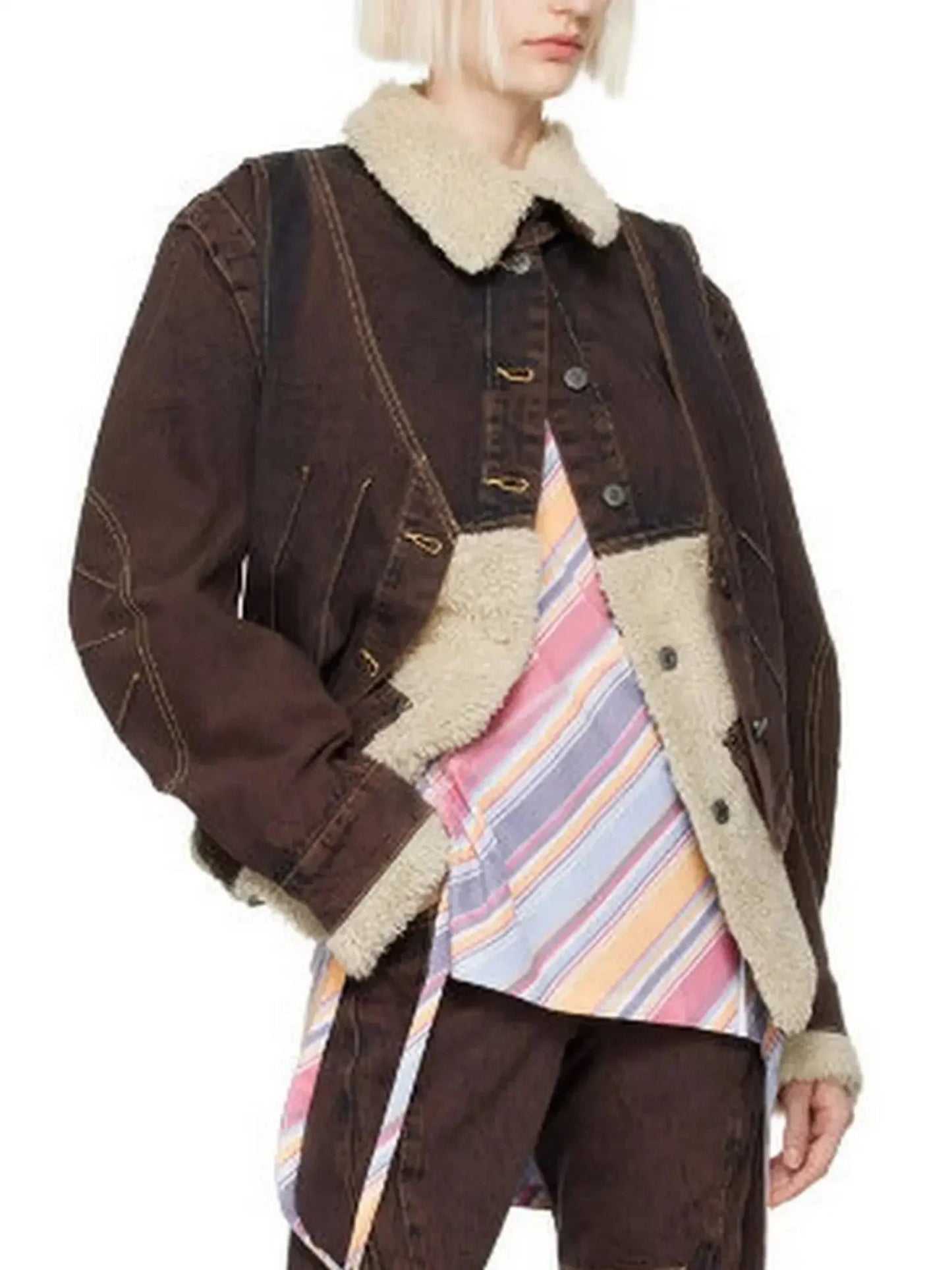 Dyed Denim and Fleece Paneled Jacket - Jackets