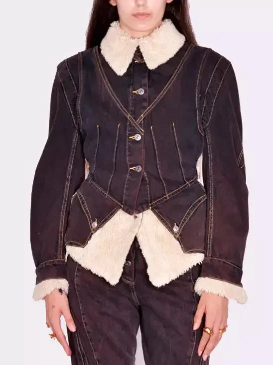 Dyed Denim and Fleece Paneled Jacket - Jackets