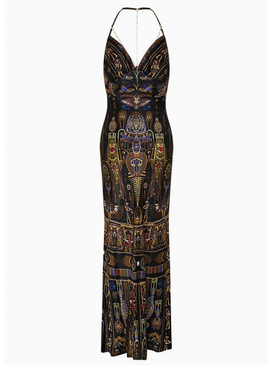 Egyptian Print Silk Slip Dress - Dresses
